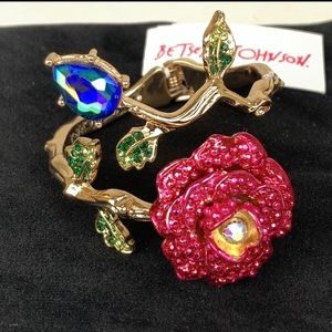 Betsey Johnson Rose Branch Hinged Cuff Bracelet Gold Pink Crystal Jewels